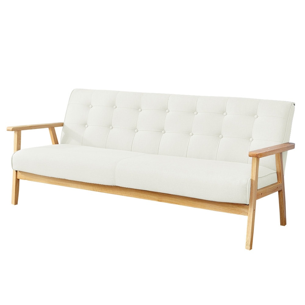 国内即日発送！ベージュ ソファ ソファー 3人掛け　3Pソファ　ファブリック　レトロ モダン 天然木　北欧