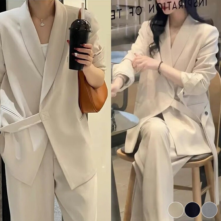 スーツ レディース パンツ 韓国 パンツスーツ 春 秋 ワイドパンツ セットアップ リボン ベルト