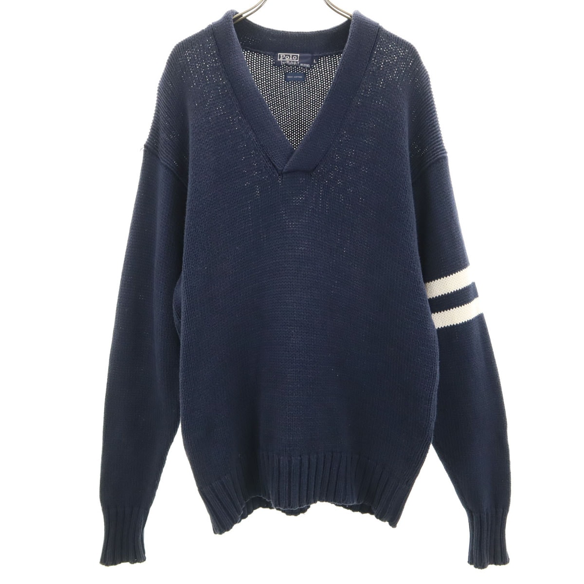 90s オールド 長袖 Vネック セーター L ネイビー ニット メンズ 古着