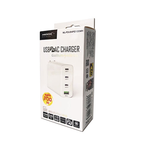 HIDISC GaN (窒化ガリウム)採用PD3.0 Type-C+USB-A 100W AC充電器　アダプター　ML-PDUS4PG100WH
