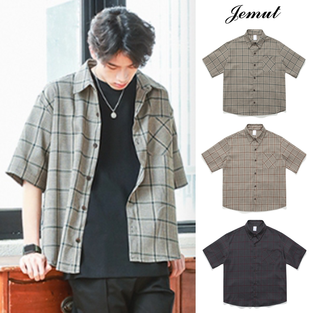 [JEMUT] Hound tooth check short sleeve shirt