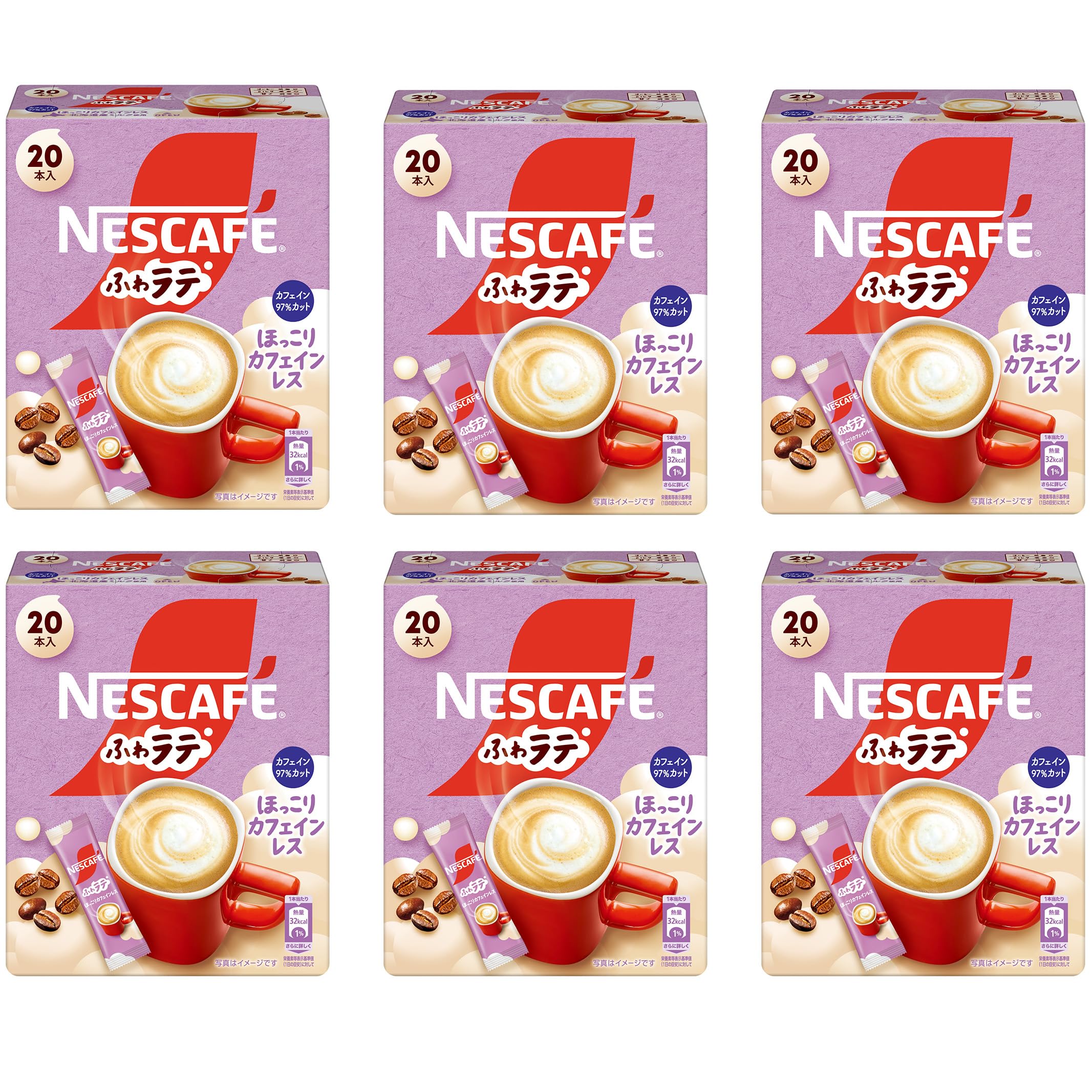 ふわラテ ほっこりカフェインレス 20P(6.6g/P)×6箱，スティック コーヒー，カフェラテ，個包装