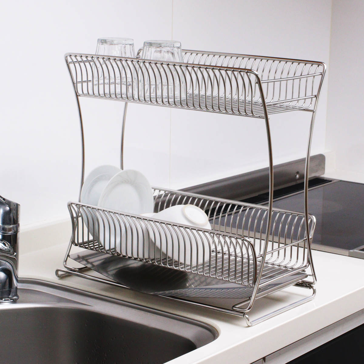 水切りかご 18-8 ステンレス製 水切りラック 2段 スリム サスティナ 水切りカゴ ディッシュラック 水切りバスケット 水切り 流れる オールステンレス 伸縮 トレー シンク上 シンク横