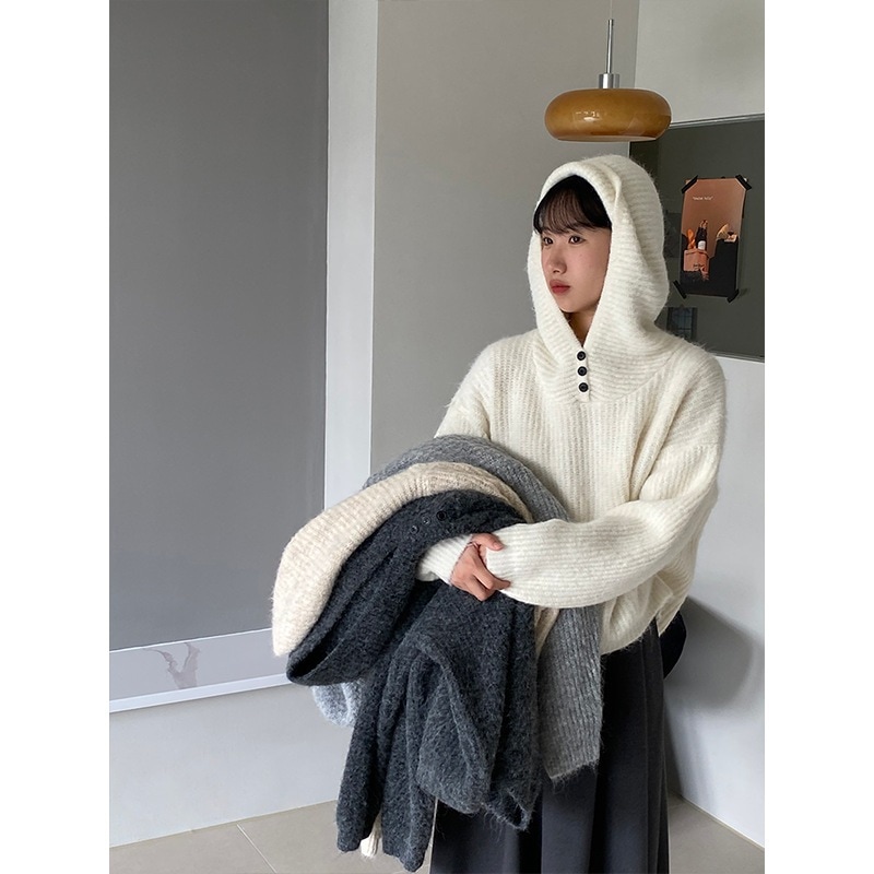 Jiangzuo フィンランドのおとぎ話フード付きブレストセーター女性冬怠惰なソフトワクシーニットトップ優しい風 88725