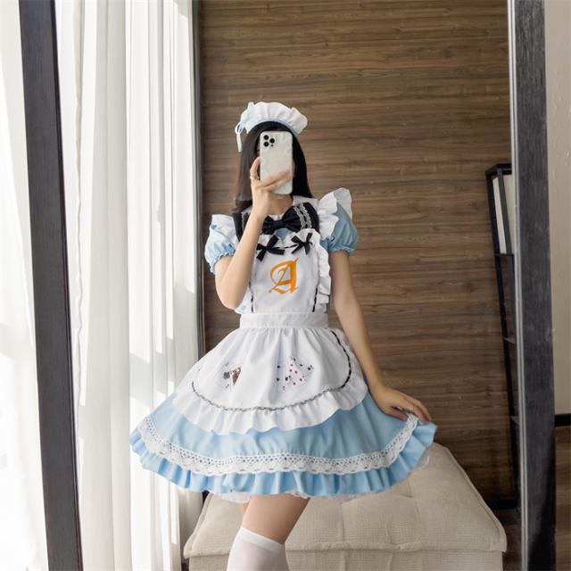 メイド服 ロリィタ ロリータ ワンピース コスチューム 飾り付き エプロン リボン トランプ ポーカー アイリス 文化祭 学園祭 メイドカフェ Lolita コスプレ衣装 アニメ 可愛い ブルー パー