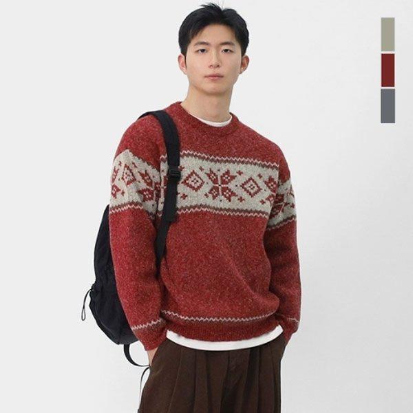 メンズ 雪の結晶 ノルディック柄 ラウンドニット SNBR002