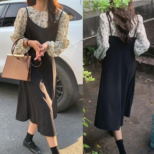 【急速出荷 2025年新作】キャミワンピ ジャンパースカート ジャンスカ キャミソール ワンピース ロング 韓国 ブラウス セットアップ 黒 レディース 2点セット ツーピース 小花柄 ラウンドネック