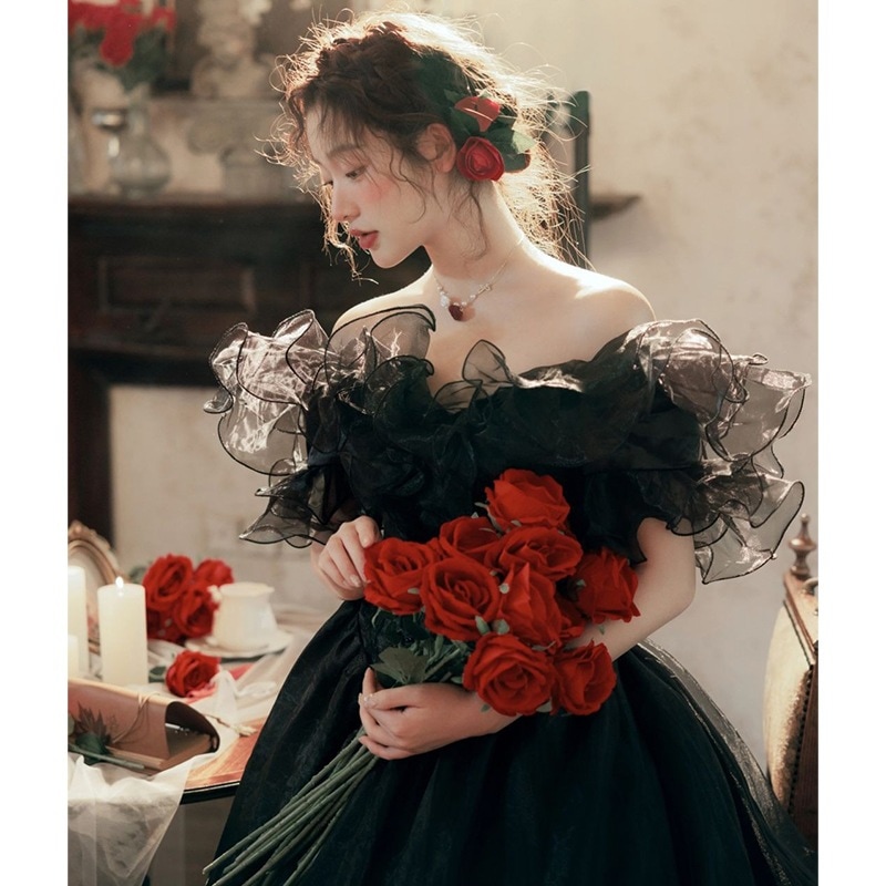 ブラックイブニングドレスフォトスタジオ写真テーマ写真撮影結婚式婚約ウェディングフォトドレスカップルドレス写真イブニングウェア