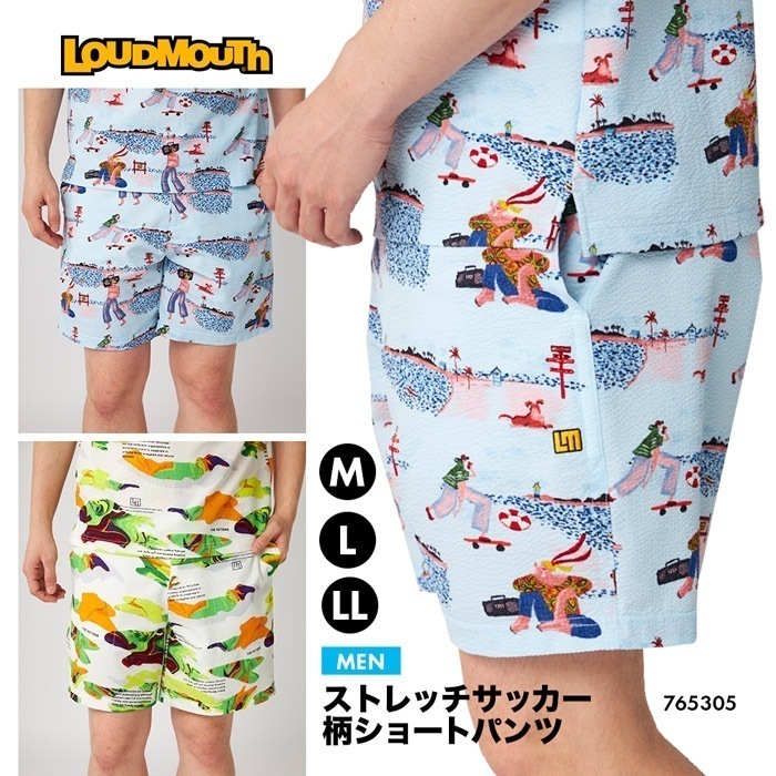 ゴルフウェア ラウドマウス メンズ ニットサッカー 柄ショートパンツ ゴルフ ズボン ロゴ 吸汗速乾 UVカット ストレッチ リゾート おしゃれ