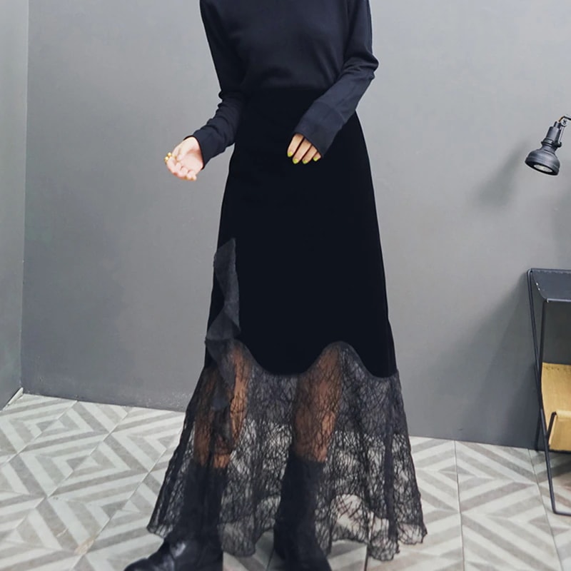 【快速出荷】ロングスカート マキシ チュール 切り替えスカート 黒 ベルベット オーガンジースカート 春 暗黒系