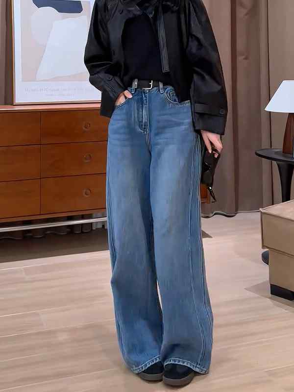 レディース ファッション オシャレ カワイイ シンプル 人カワイイ きいサイズ ブルー シンプル ジーンズ ハイウエスト ロング パンツ ストレート