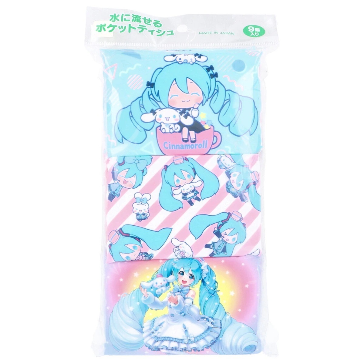 キャラクターポケットティッシュ ハヤシ商事 水に流せるポケットティシュ 初音ミクxシナモロール 天然パルプ100％ 8組16枚 9個入り X20パック