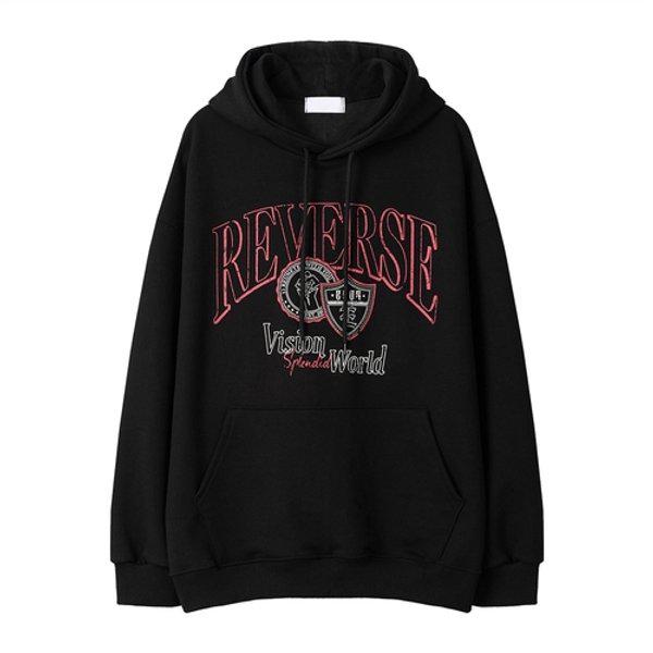 メンズ リバース プリント オーバーサイズ フード付きTシャツ RM-TSA-Q046-ブラック