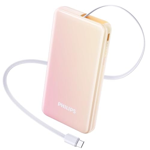 Philips (フィリップス) モバイルバッテリー 10000mAh大容量 巻き取り式USB-Cケーブル PD20W急速充電 出力入力対応 二台同時充電 パススルー充電 スマホ充電器 PSE認証済