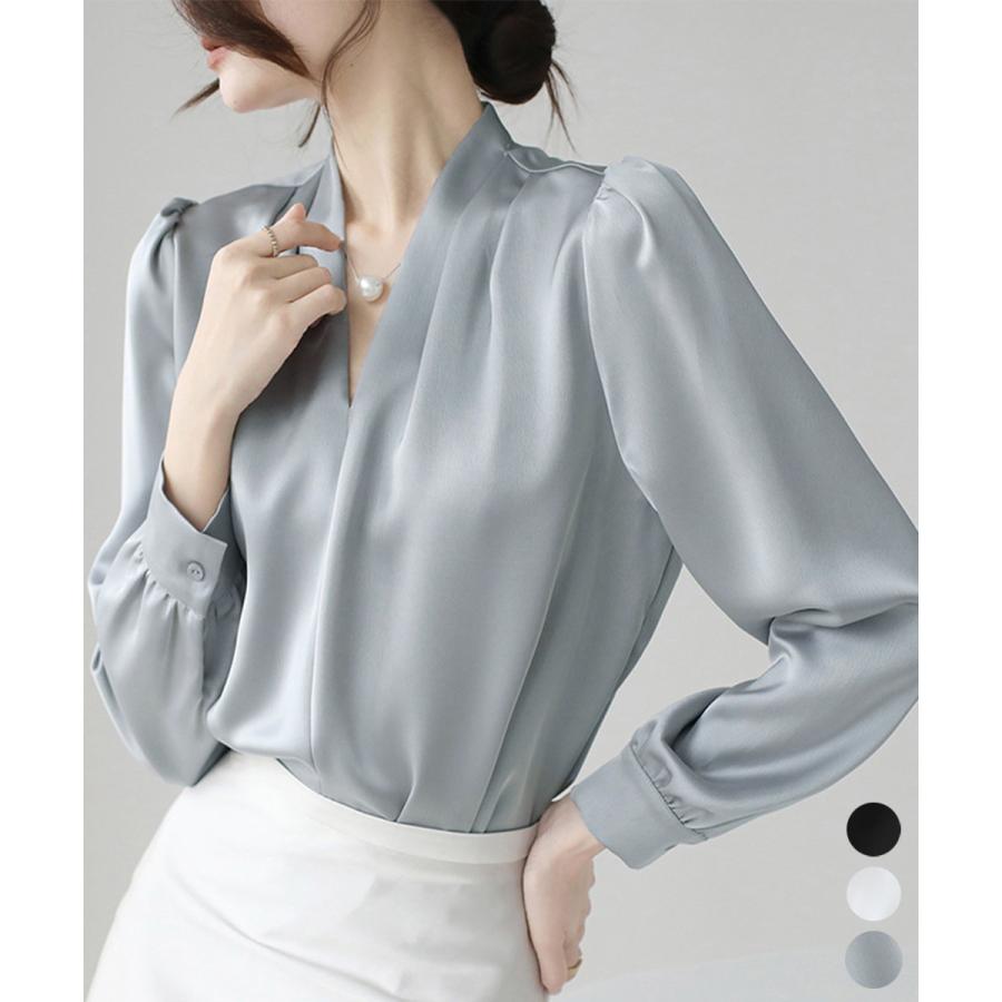 【急速出荷!】気質 韓国ファッション 長袖シャツ サテン風シャツブラウス Vネックトップス