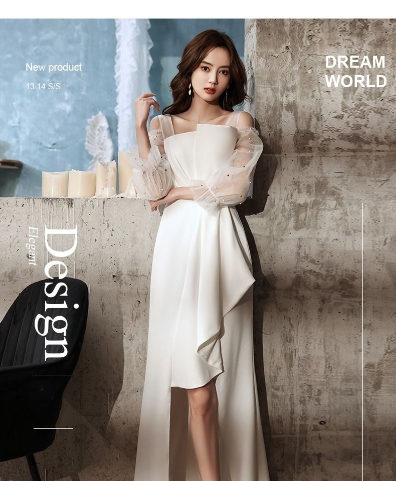 韓国ファッションワンピース レディース 長袖 不規則長袖のドレス ウエディングドレス 海外挙式 白 前撮り 後撮り 結婚式 二次会 披露宴 エンパイア フォトウエディング