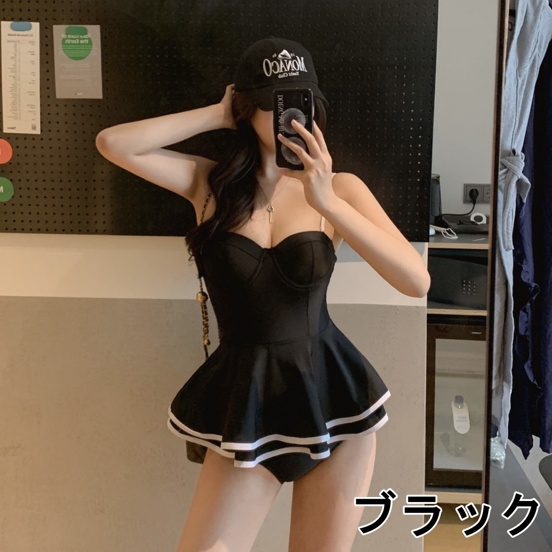 ワンピース水着 フリル スカート バイカラー 黒白 ウエストマーク ハイウエスト 水着 韓国 レディース 胸パッドあり ワイヤーあり 胸元 谷間 胸下切り替え オルチャン 可愛い かわいい