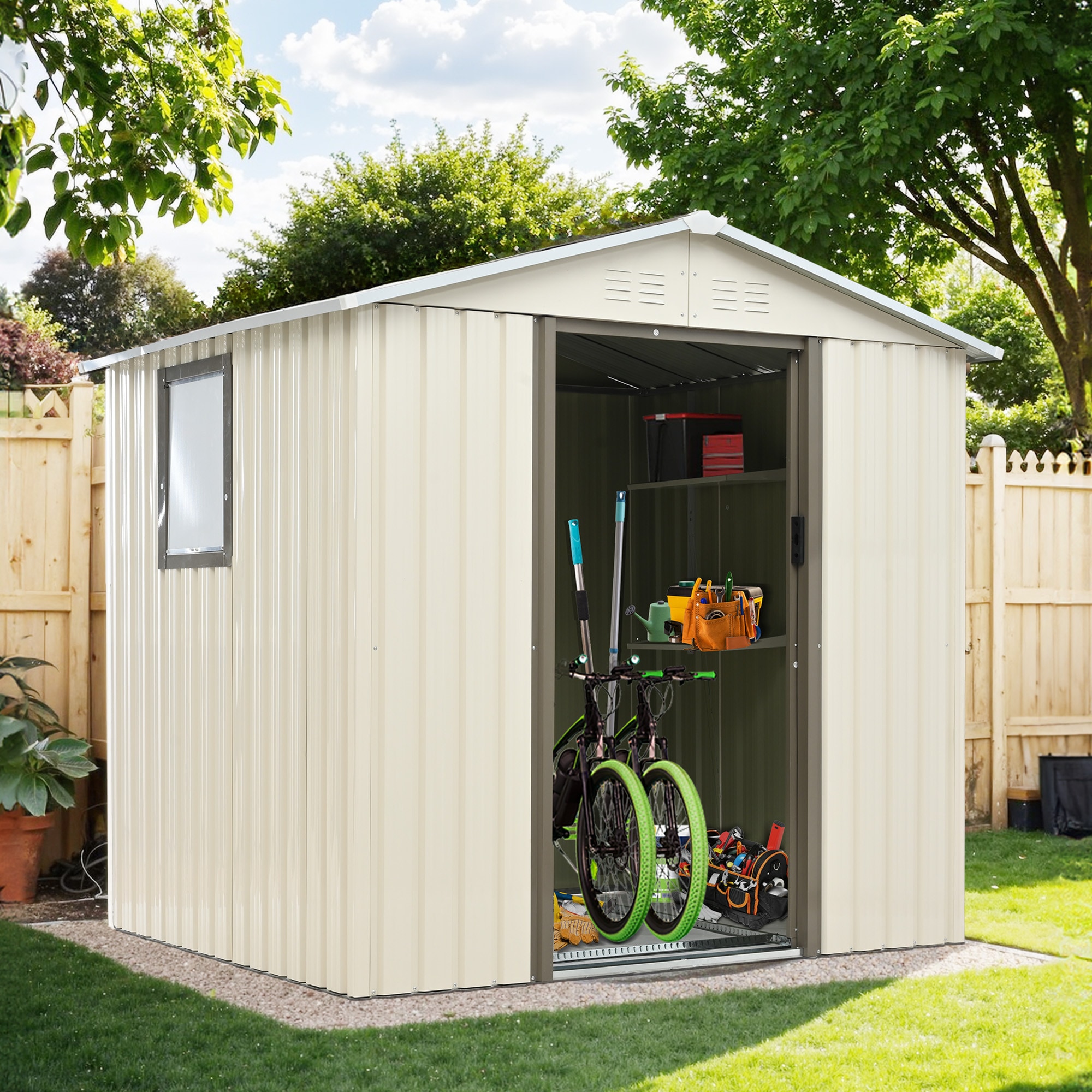 【可動棚&すべり出し窓付き】物置 屋外 スチール 倉庫 床材補強フレーム付き 戸外収納庫