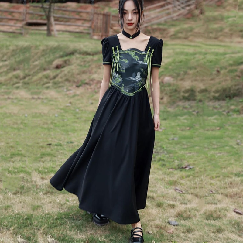 チャイナ風ワンピース ロング マキシ丈 半袖 黒&緑 ドッキングワンピース スクエアネック 切り替えワンピ 腰括れ 卒業式 入学式 パーティードレス