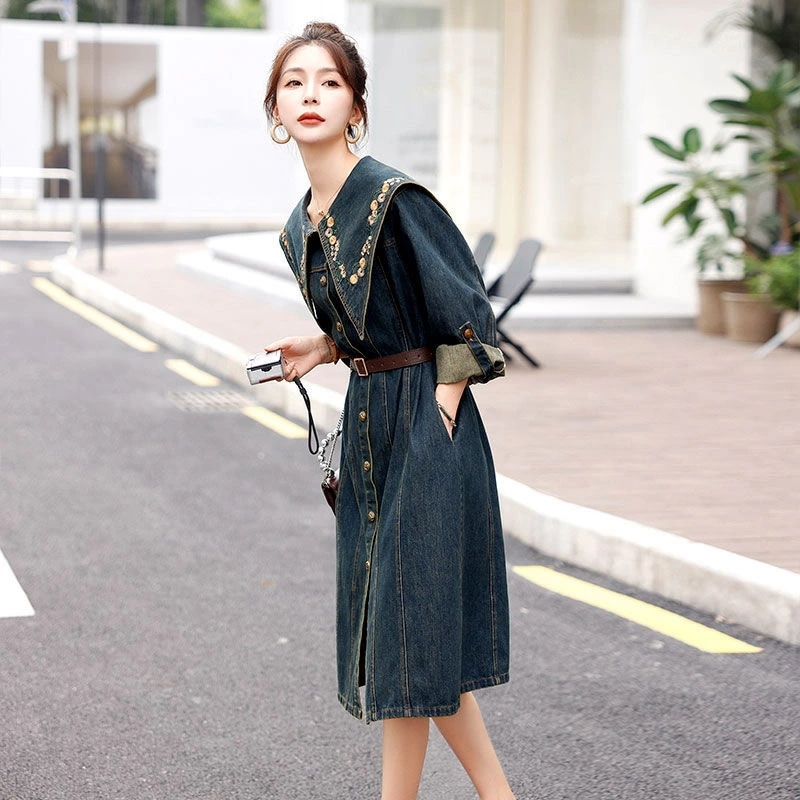 デニムワンピース レディース シャツワンピ ロングスカート シャツワンピース 春 秋 膝丈 長袖 刺繍 襟付き Aライン かわいい 大人可愛い きれいめ シンプル カジュアル 大人 おしゃれ お洒落