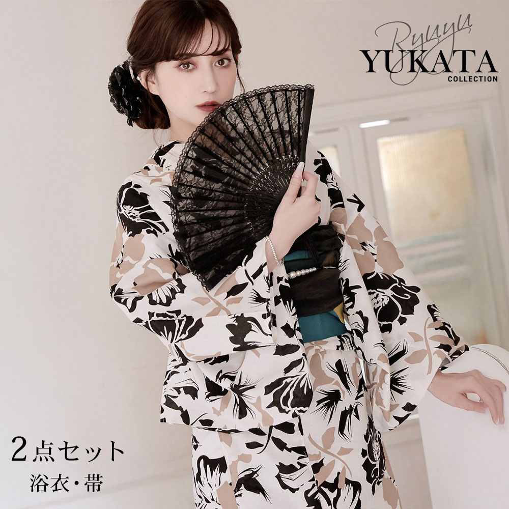 浴衣 白 きれい 2点セット 大人 女性用 夏祭り フリーサイズ 上品 ベージュ 花 Ryuyu