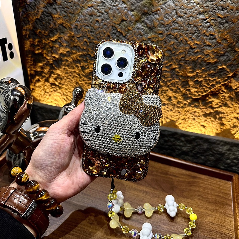 ハンドメイド iPhoneケース 3D ハローキティ ちゃいろ キラキラのラインストーン iPhone16/15/14/13/12/11ケース Plus Pro Max デコ電ケース