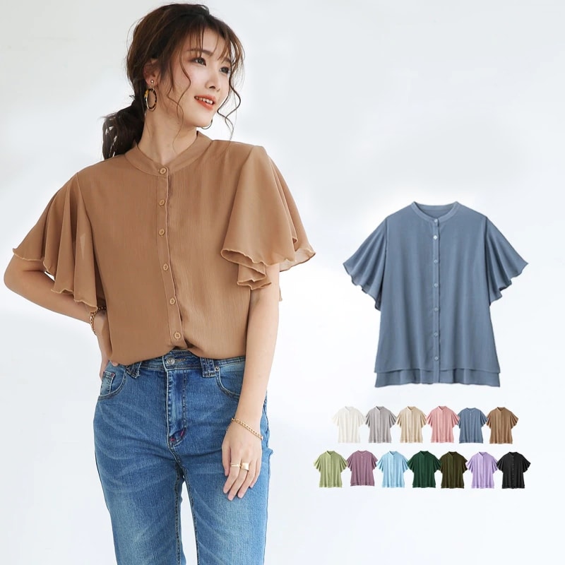 全14色楊柳シフォンバンドカラーブラウス/ふんわり袖で大人レディにキマる華やかブラウス(MXL) ギ
