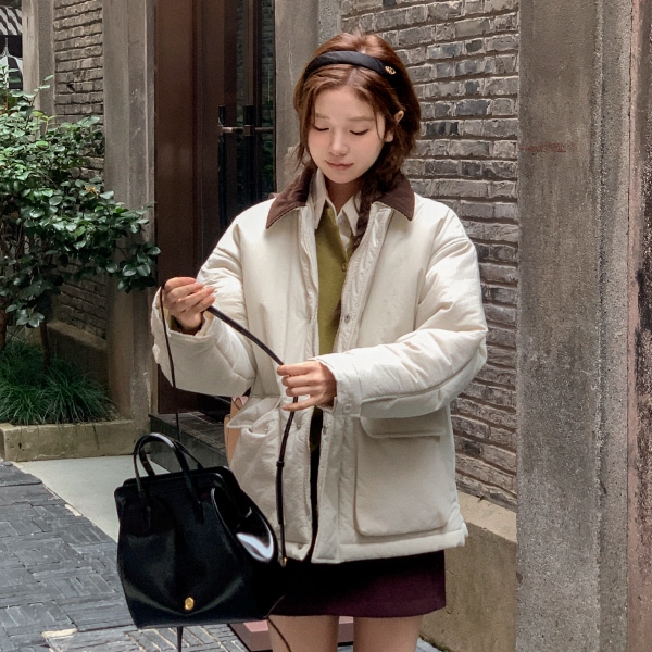 （冬 / 8オンス中綿 / あったか仕様）コーデュロイ襟 ハーフ丈中綿ジャケット 韓国アウター jp742