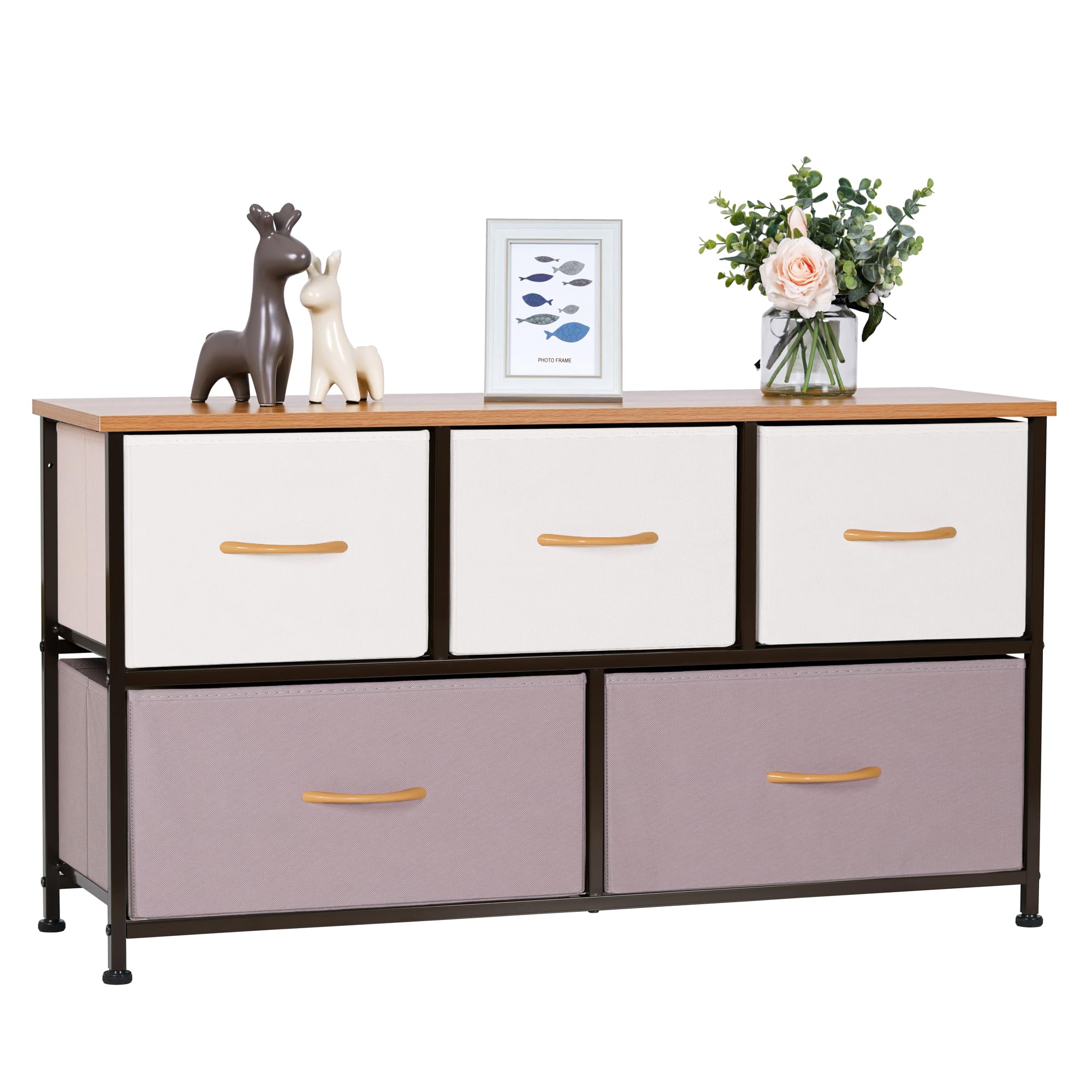 LYNCOHOME チェスト テレビ台 収納 おもちゃ箱 布製 引き出し 簡単組立 リビング 衣類収納 一人暮らし ２段５杯 木材 和風 【幅100×奥行30×高さ54.5 cm】