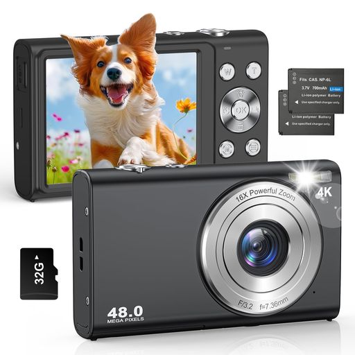 CAMKORY 4Kデジカメ 4800万画素 16倍ズーム オートフォーカス 軽量設計 学生・初心者に最適 修学旅行に便利 2.8インチ大画面 ブラック