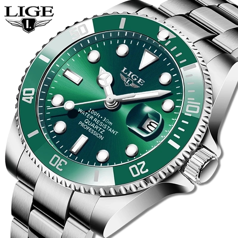 Lige-メンズ防水スポーツウォッチクォーツ腕時計日付時計30気圧トップブランド高級ファッションダイバー