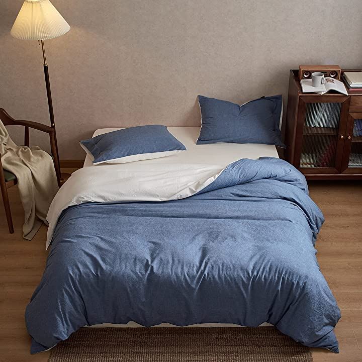 洗いざらし綿100% 布団カバー 4点セット セミダブル 洋式和式兼用 ：掛布団カバー ボックスシーツ 枕カバーx2 / 柔らかく 変形しにくく 色あせず(デニムブルー, セミダブル)