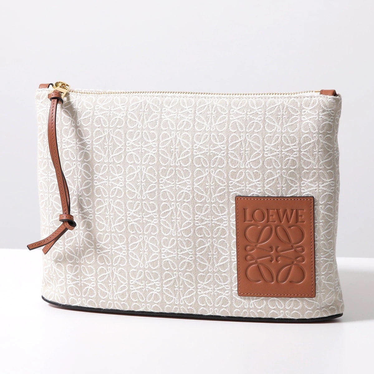 LOEWE ロエベ クラッチバッグ OBLONG POUCH オブロング ポーチ ジャカード＆カーフ C821C63X05 レディース アナグラム レザー 鞄 2426/ECRU/TAN