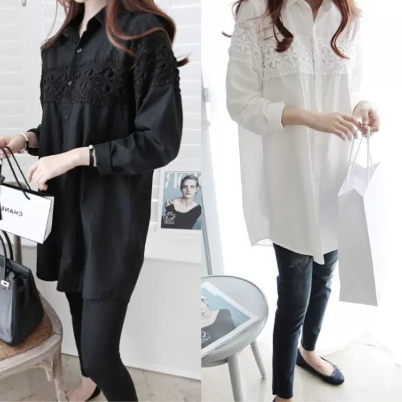 トップス シャツ ブラウス チュニック 白シャツ 白トップス 袖あり 長袖 襟付き ストレート レース 刺繍 前開き 大人可愛い きれいめ シンプル カジュアル おしゃれ お洒落 大人女子 こなれ感