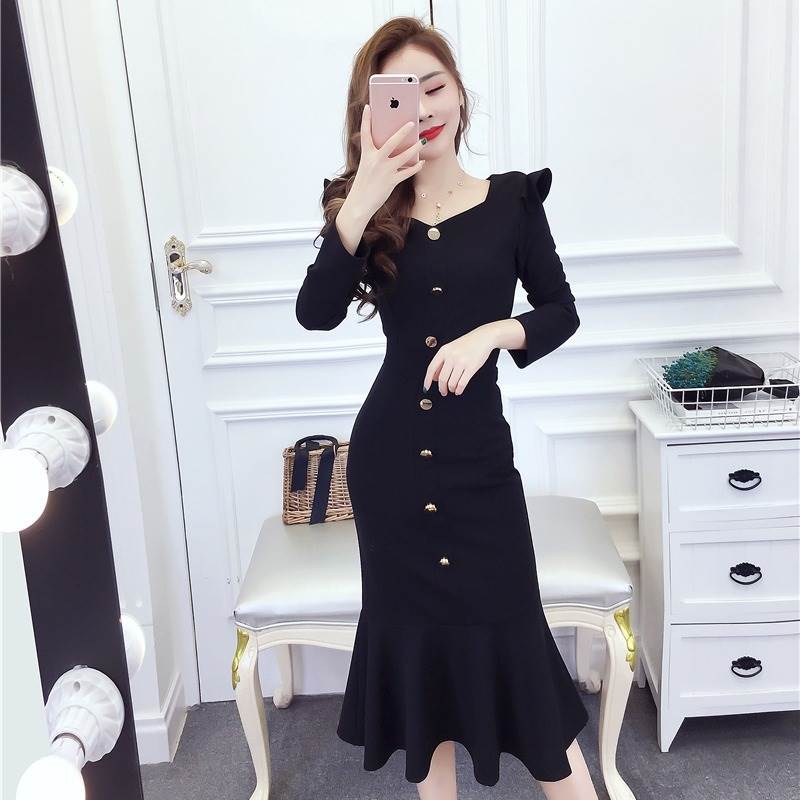 2色 キャバ ドレス ミモレ ミモレ丈 黒 ピンク セクシー マーメイド ワンピ おしゃれ 長袖 パール キャバ キャバ嬢 スクエアネック 上品 フレア ドレス きれいめ かっこいい キャバクラ パー