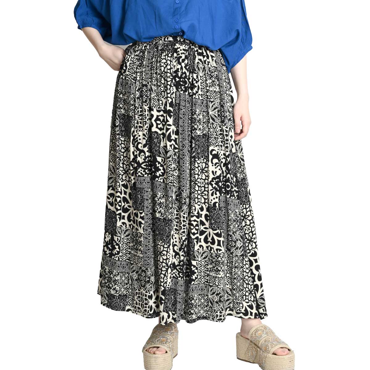 ロングスカート 春夏 春 夏 ポケット 柄 大きいサイズ ドラマチックなエスニック柄エスニック柄ロングスカート スカート ロング ロング丈 Aライン フレア エスニック アジアン ハワイアン ウエス