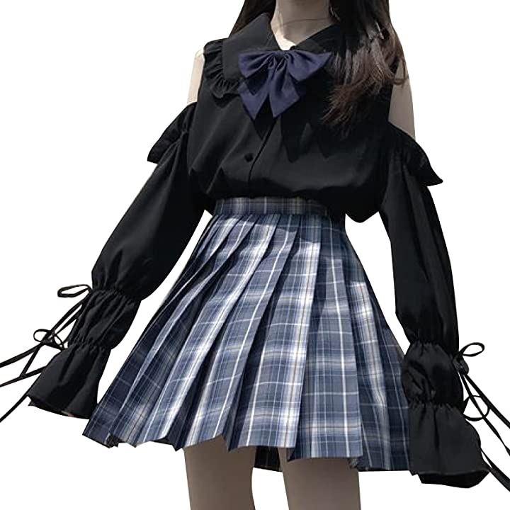 女子高生 コスプレ 長袖 レディース ブラウス 肩出し トップス 大きいサイズ 学生服 制服( ブラック, L)