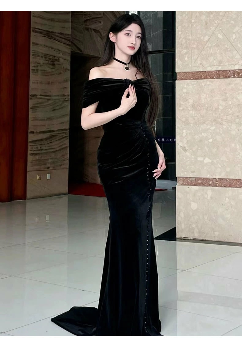 高品質新入 パーティードレス ブラック 宴会 結婚式 エレガント 花嫁ドレス イブニングドレス ウェディングドレス 着痩せ 礼服 成人式 忘年会 ロングドレス オフショルダー トレーン フィッシュテー