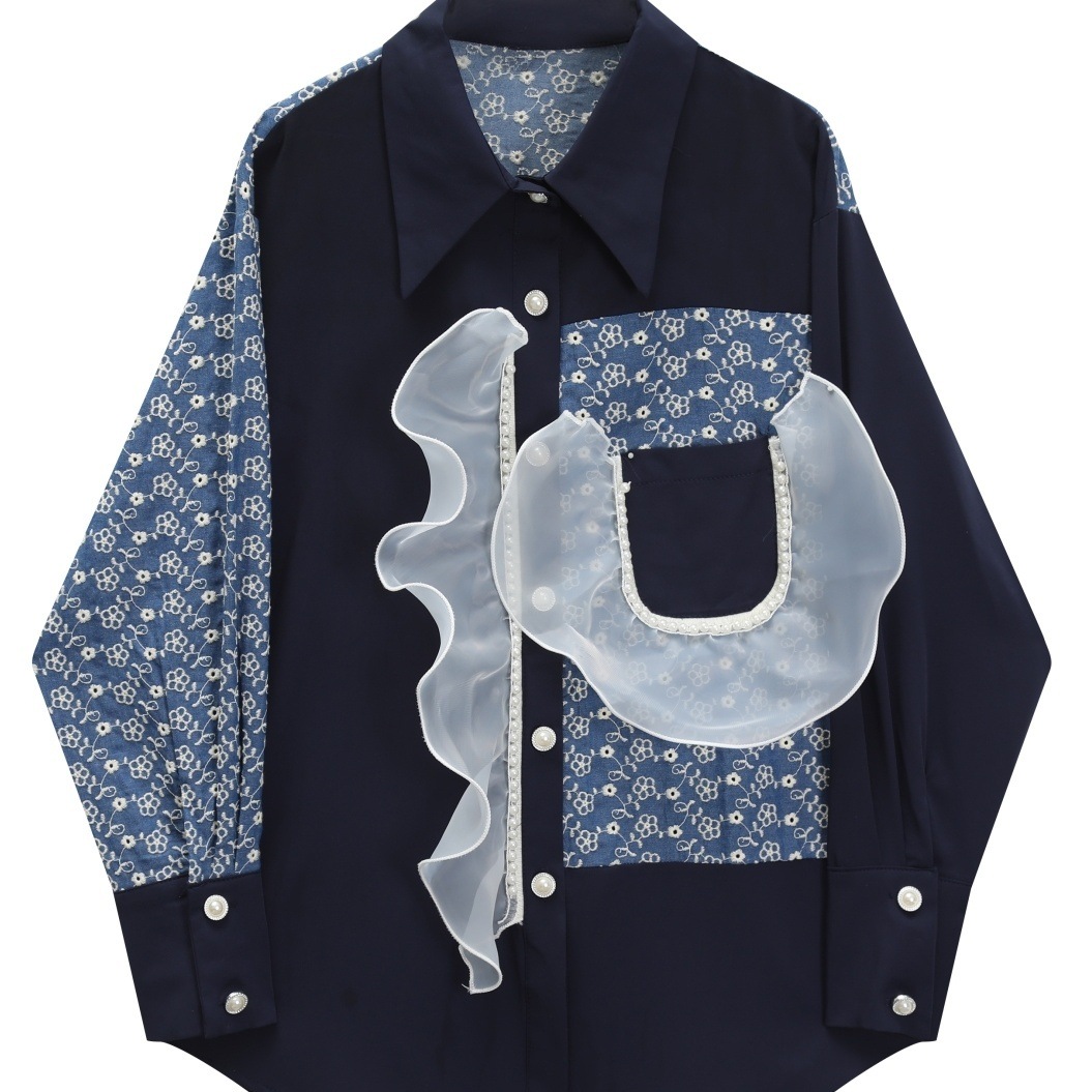 トップス シャツ ミディアム丈 半端丈 長袖 襟付き ストレート ワイド アシンメトリー 切り替えデザイン フリル ポケット 前開き ボタン かわいい 大人可愛い きれいめ カジュアル 大人 おしゃれ