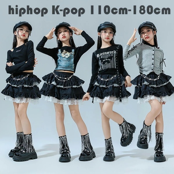 ダンス衣装 女の子 ジャズ衣装 おしゃれ かわいい ネコ柄 蝶柄 英文柄 セットアップ キッズダンス hiphop K-pop 舞台 団体服 演出服 キッズ服 子供服 長袖Tシャツ+スカート ドラムシ