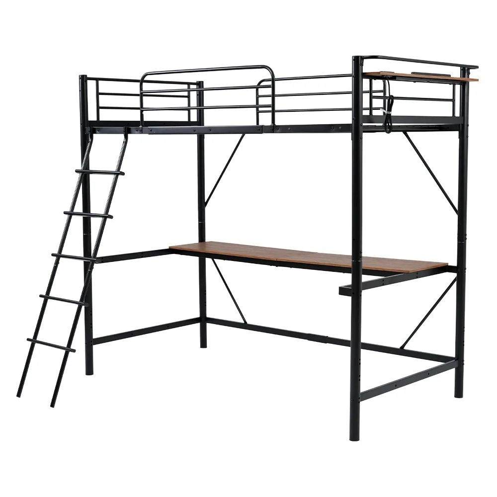 【国内発送】【ブラック】システムベット 宮棚　ロフトベッド シングル コンセント付き 移動可能デスク付き 北欧風 二段ベッド 大人用　二段ベッド スチール 耐震