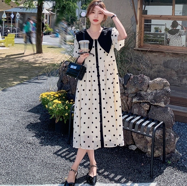 ワンピース フレアワンピース 膝下 ミモレ ミモレ丈 袖あり 半袖 Vネック 襟付き フレア 薄手 かわいい 大人可愛い カジュアル おしゃれ お洒落 ラブリー キュート ガーリー ドット柄 水玉 夏