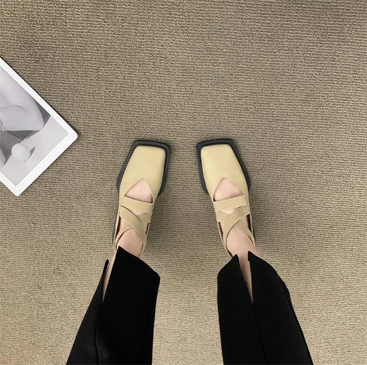韓国ファッション ヴィンテージ シングル スクエアトゥ フラット 怠惰な風 大人気