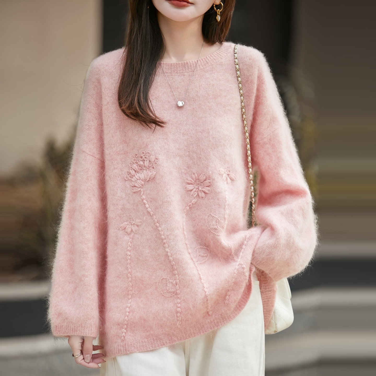 レディース レイジースタイル フリースセーター ルーズフィット 3Dフローラルニットウェア 2025年秋冬新作 厚手 暖かいベースレイヤー