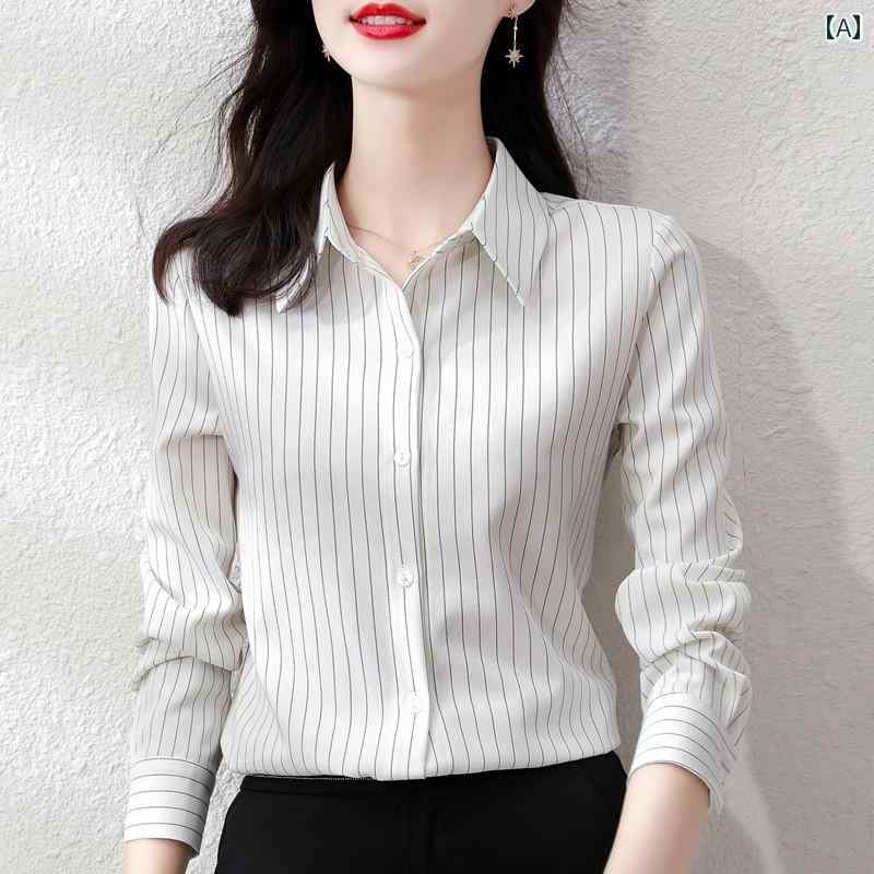 レディース 春秋 ブラウス フォーマル 婦人服 女性用 トップス シャツ ブラウス 長袖 シンプル ストライプ 通勤 オフィス 高級感