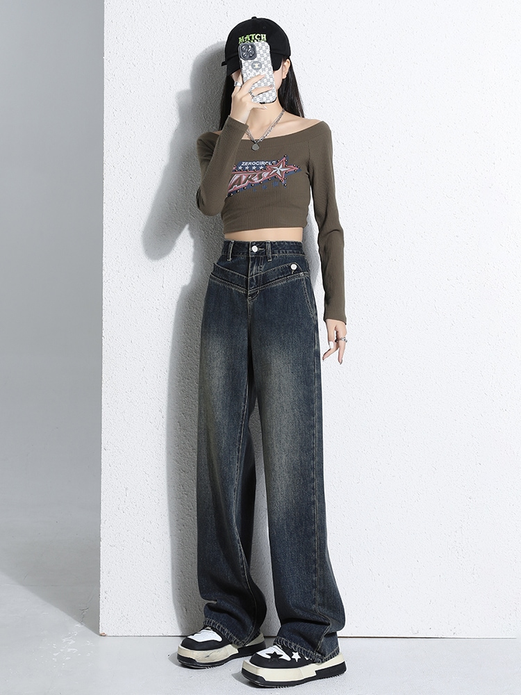 セメントブルーワイドレッグジーンズ女性の新しい春と秋のモデル背の高い緩い薄いドラッグズボンの長さバージョン