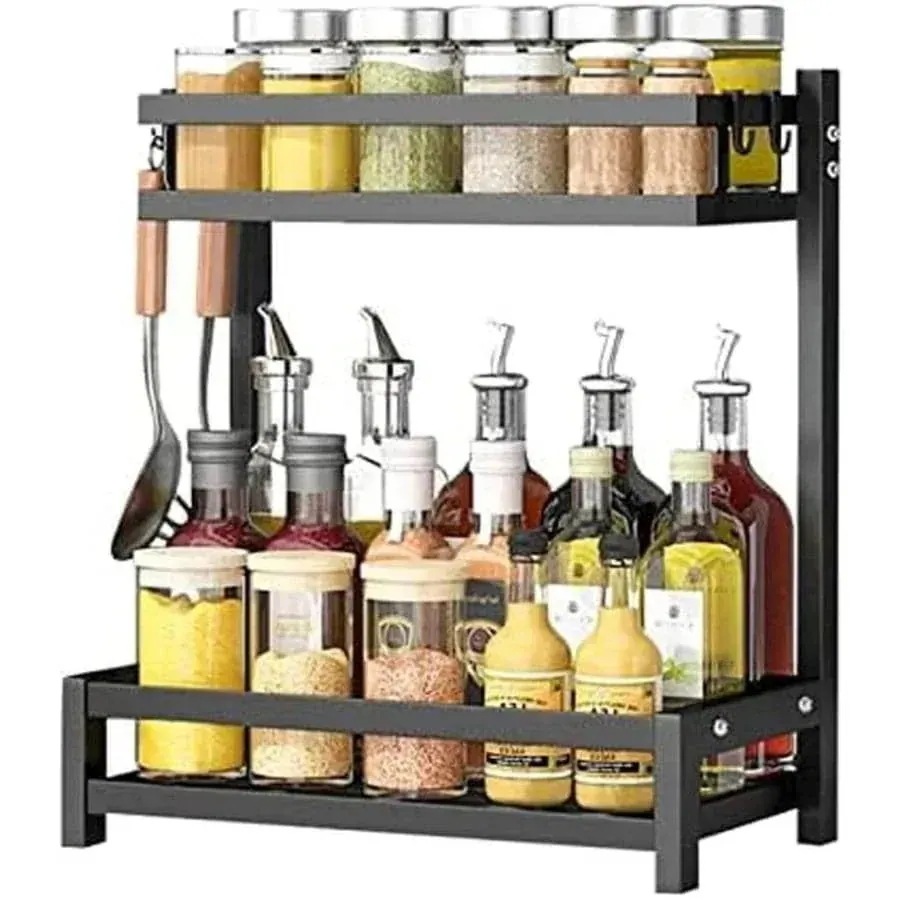 調味料ラック スパイスラック 2段 卓上収納 大容量 防錆 省スペース おしゃれ 組み立てが簡単 4フック付き ブラック
