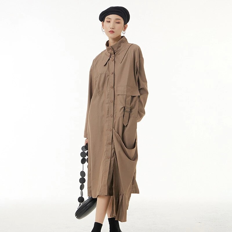 可愛いハイネックシャツワンピース長袖カーディガン韓国ファッションレディース秋服ロング無地合わせやすい着痩せ効果美脚 母の日