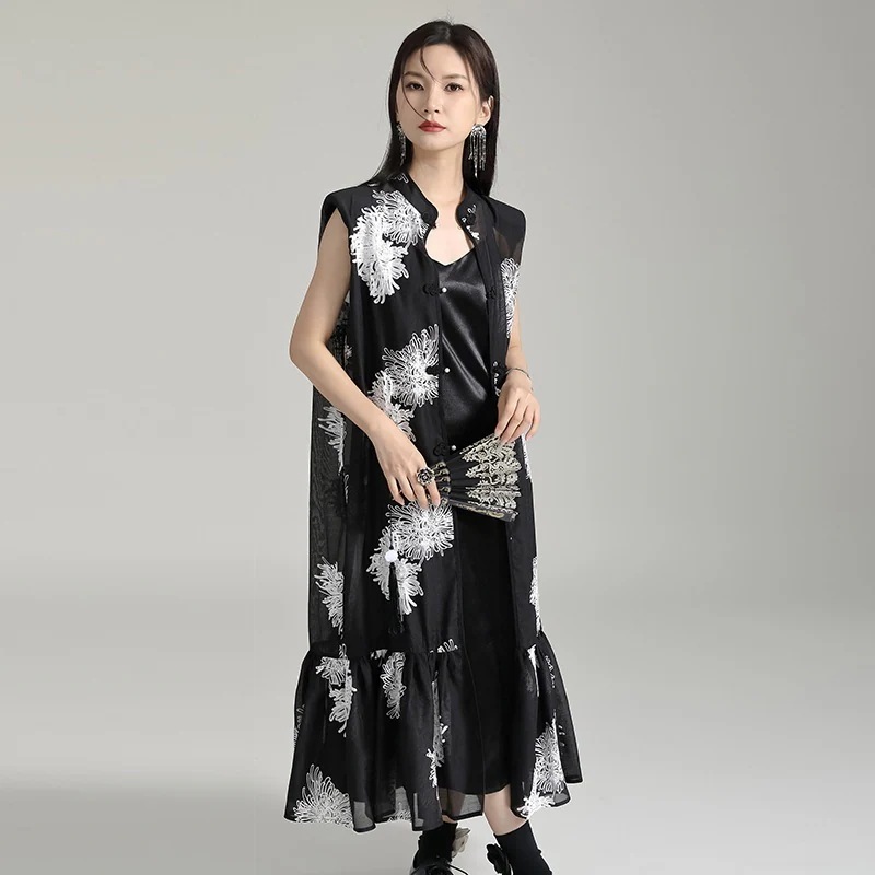 【J.Fashion】 刺繍花柄 ロングカーディガン シアーシャツ ロングワンピース キャミ ベルト 3セット 中華風 袖なし ノースリーブ レディース おしゃれ 上質 関連商品は店で購入可能 メガ割 6,599円