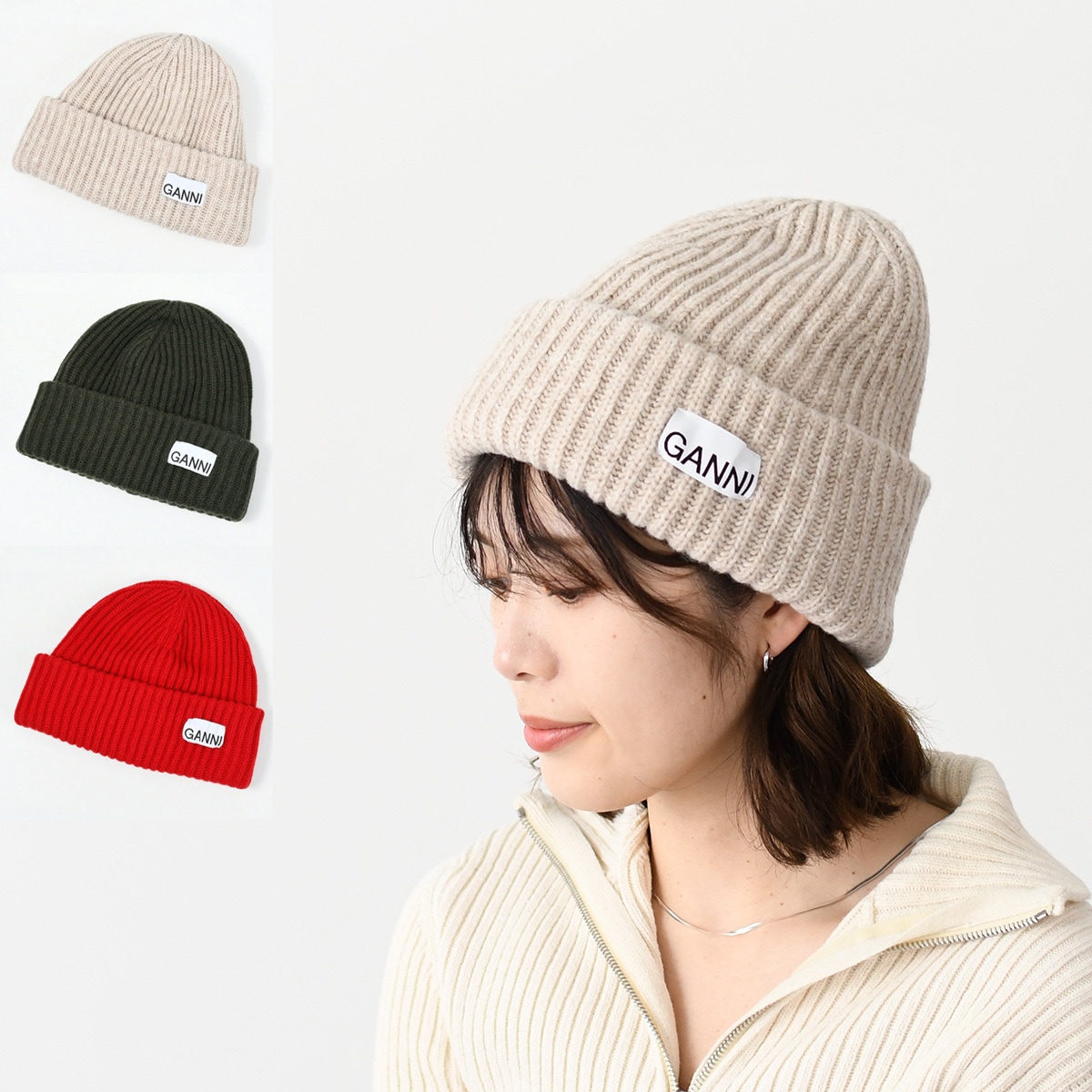 ニット帽 帽子 ロゴ リブ ビーニー A4429 レディース カーキ レッド ニット キャップ リブ 人気